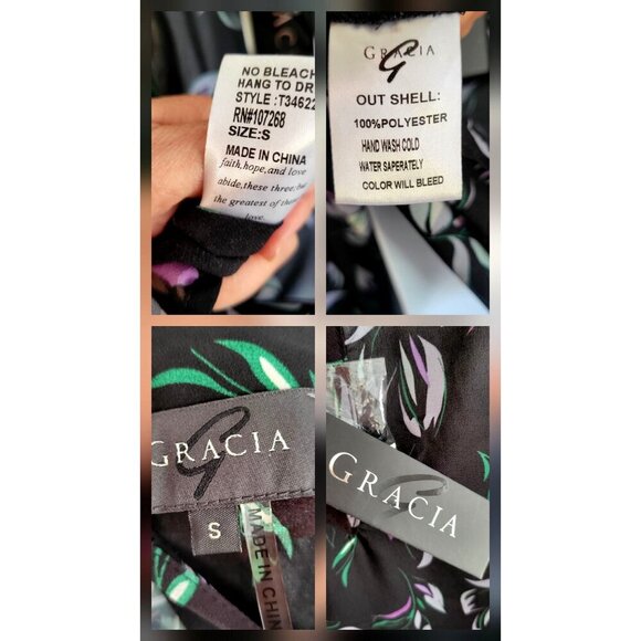 GRACIA Black Floral Chiffon Blouse Keyhole Neckline & Buttoned Cuffs -S - Picture 8 of 8